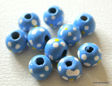 20 x Blue Wood Beads with Handpainted Flowers 10mmx9mm